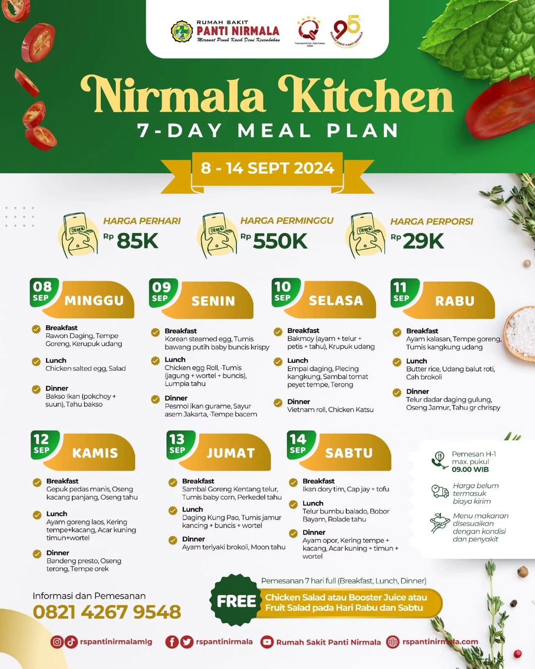 Sobat Nirmala! Jangan Sampai Ketinggalan Menu Catering Instalasi Gizi Rumah Sakit Panti Nirmala Periode 8-14 September 2024!